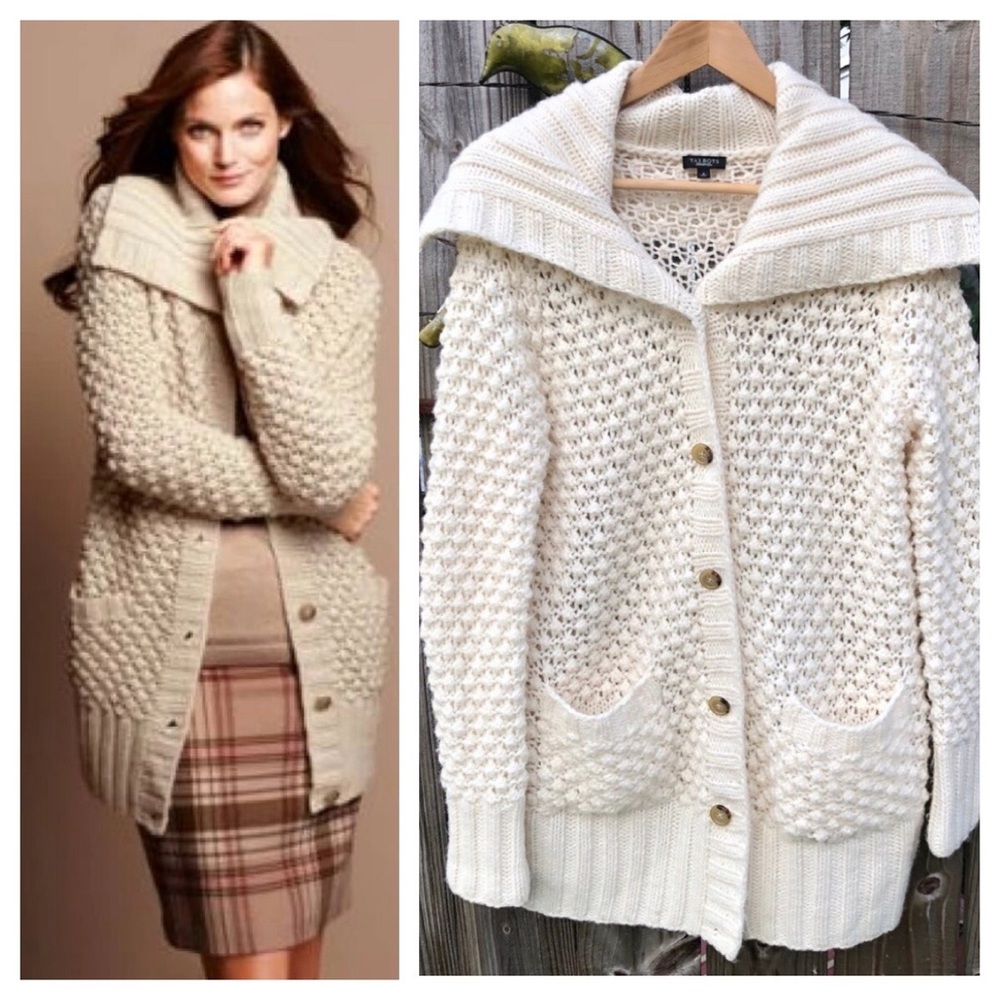 Talbots Cream Decorative Knit Alpaca Cardigan Sweater w/large Collar S